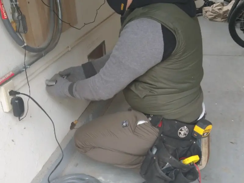 Electrician performing outlet wiring in a Johns Creek garage
